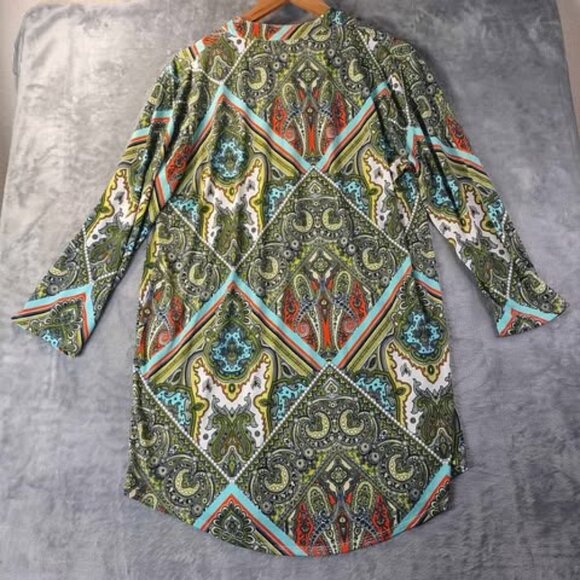 Peck & Peck Women Paisley Tunic Top L Green Multicolor‎ Stretch Boho Retro Artsy - Picture 3 of 8